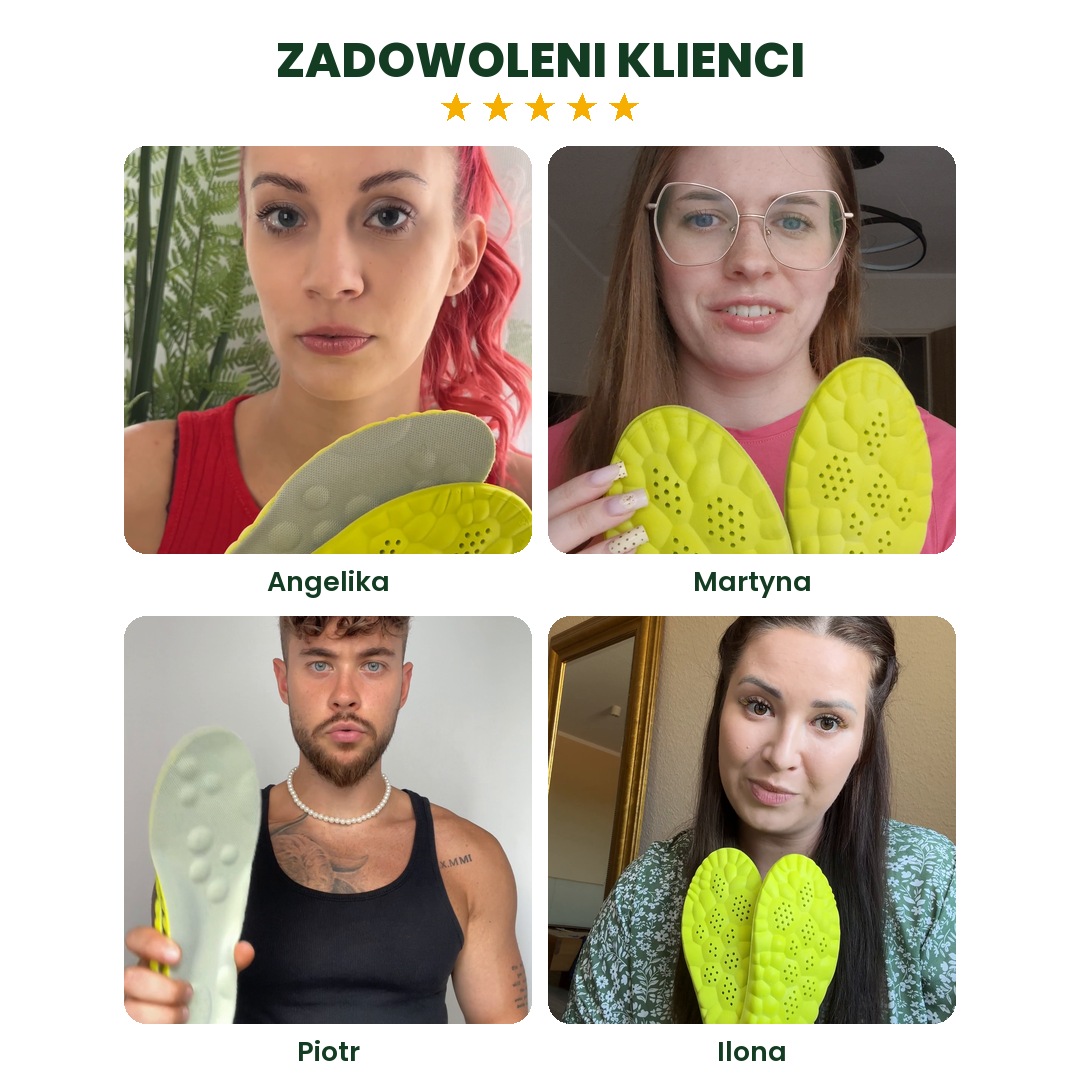 Zadowoleni klienci Wkładek Stepli™ — Angelika, Martyna, Piotr i Ilona trzymają wkładki