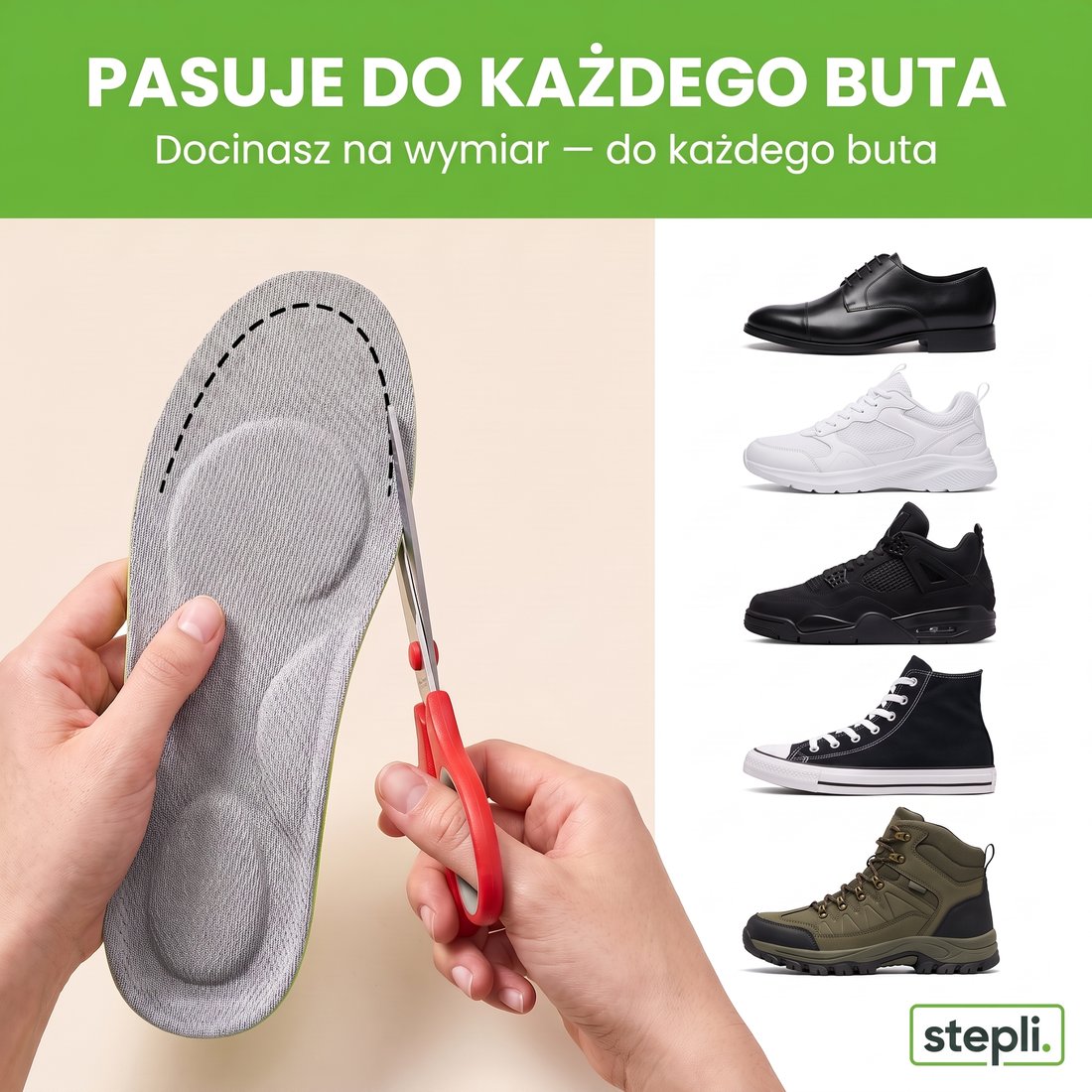 Krok 2 — dotnij Stepli do rozmiaru (pasuje do kazdego buta)